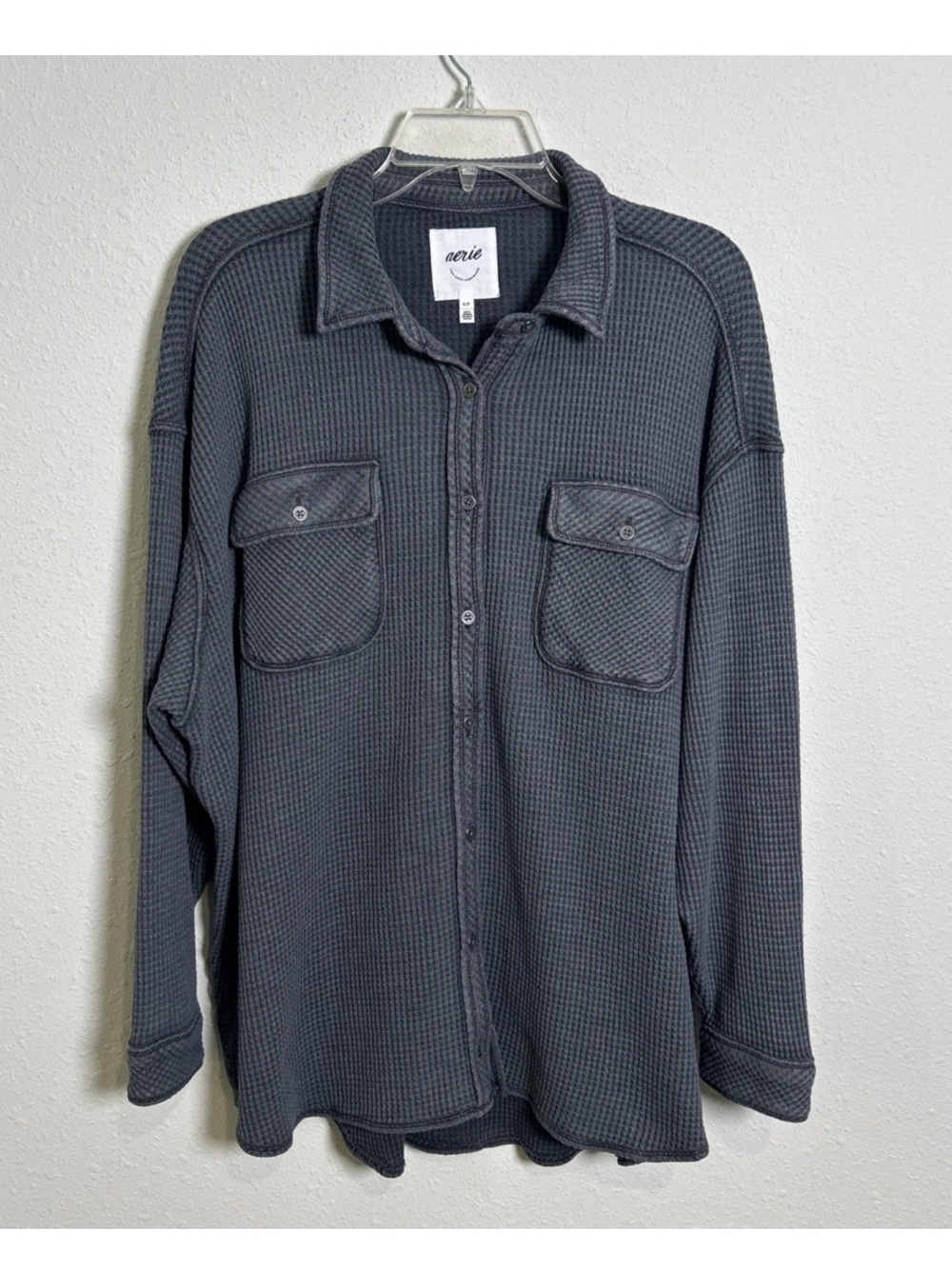 Aerie Lumberjane Oversized Waffle Knit Button Up Shirt Gray Women’s Small
